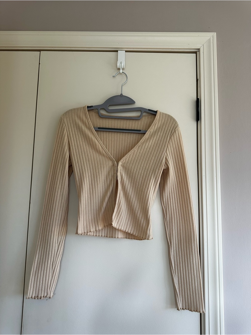 Beige Ribbed Hook-Front Long Sleeve Top